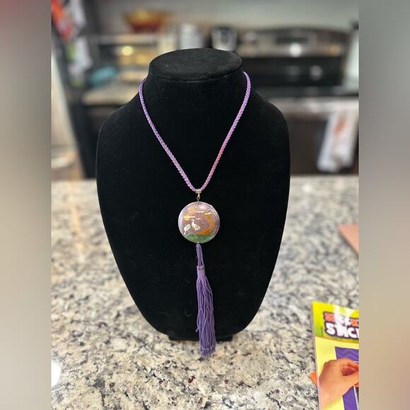 Vintage Freirich Cloisonné Purple Crane Sakura Tree DBL sided Pendant Necklace - Picture 10 of 11